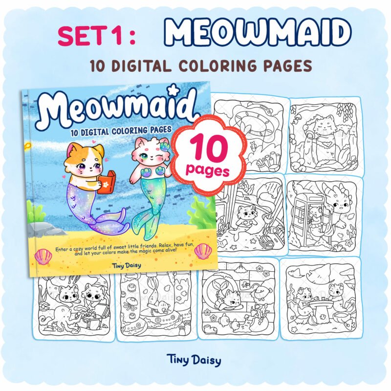 Set 1 : Little Meowmaid – 10 Magical Ocean Cat Coloring Pages