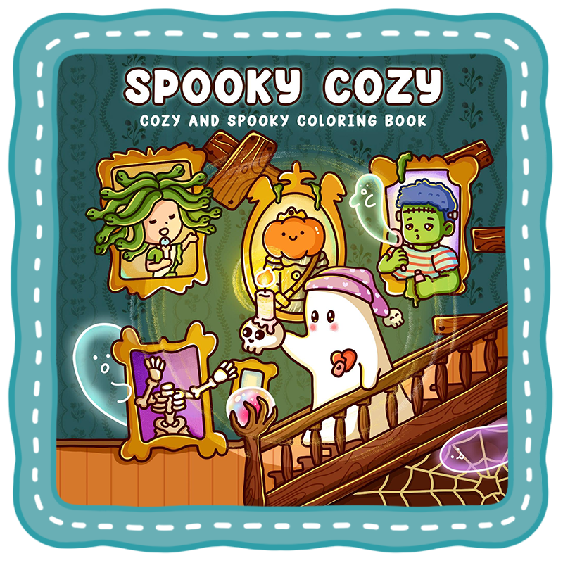 spooky coloring book cute ghost cozy halloween autumn hygge scene