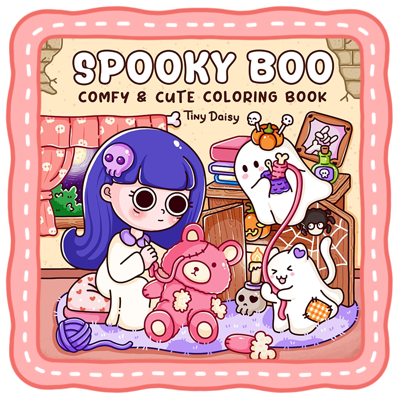 spooky coloring book cute ghost cozy halloween scene bold line art