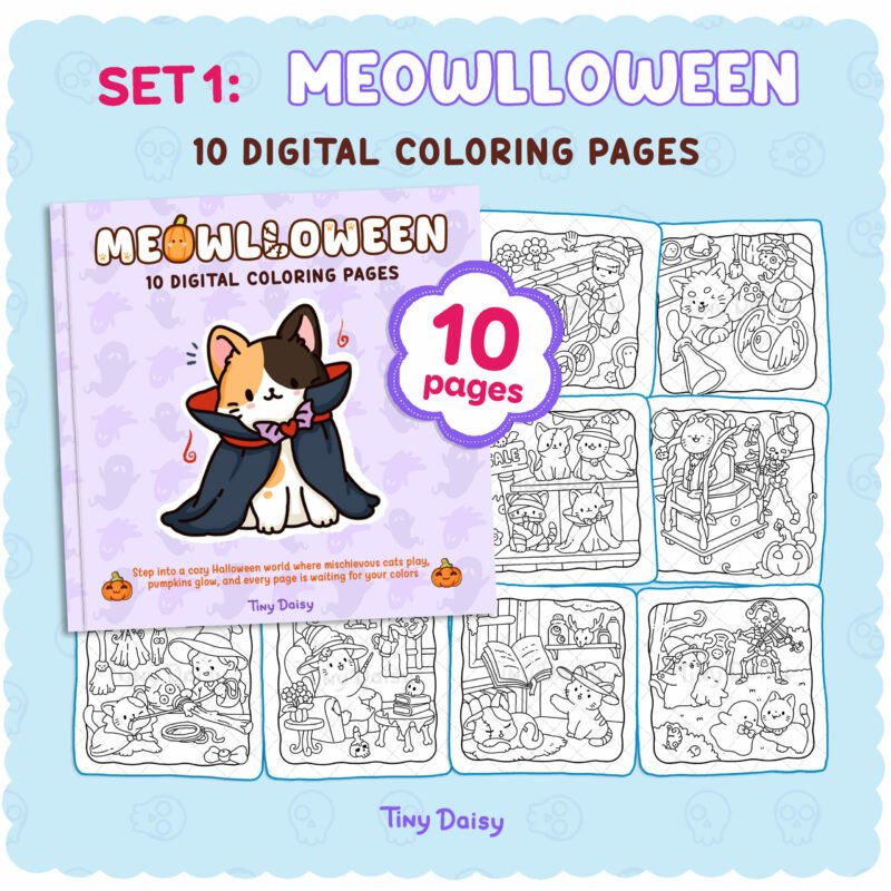 meowlloween digital coloring pages cover