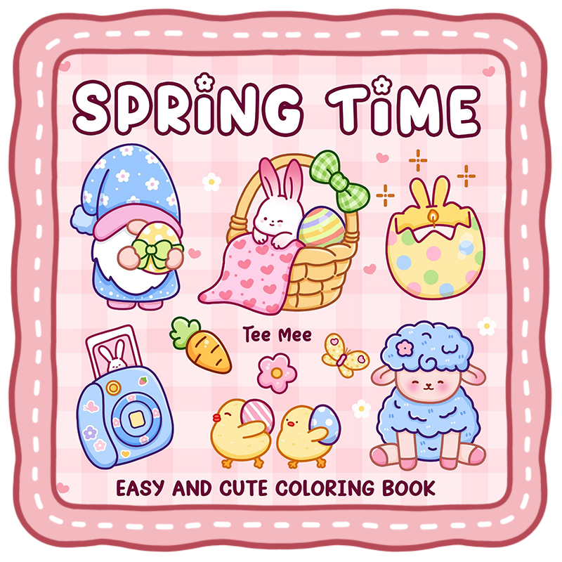 spring coloring book cute bunny gnome easter scene