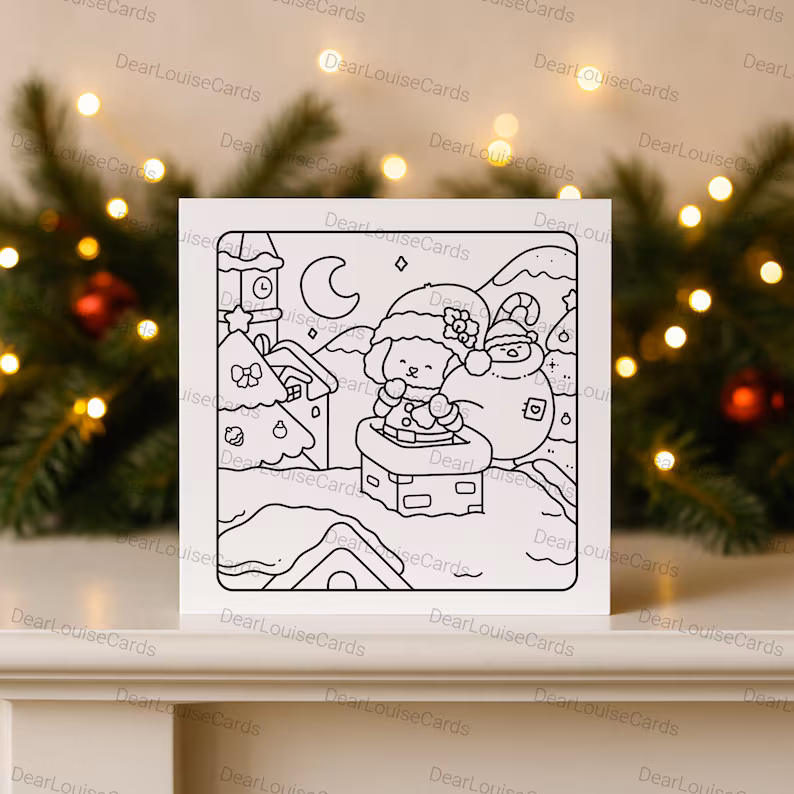 1 Santa’s Helper Rooftop Christmas DIY Colouring Card – Cute Festive Holiday Greeting
