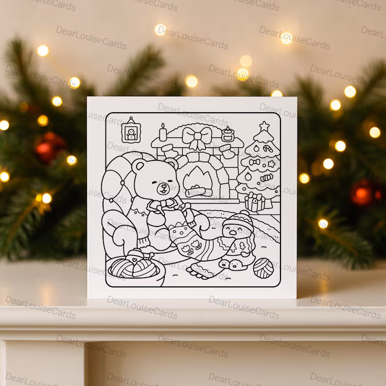 1 Cosy Bear Fireplace Christmas DIY Colouring Card – Cute Festive Holiday Greeting