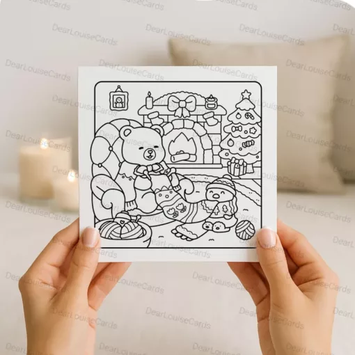 Cosy Bear Fireplace Christmas DIY Colouring Card – Cute Festive Holiday Greeting