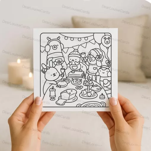 Christmas Dinner Party DIY Colouring Card – Festive Holiday Greeting