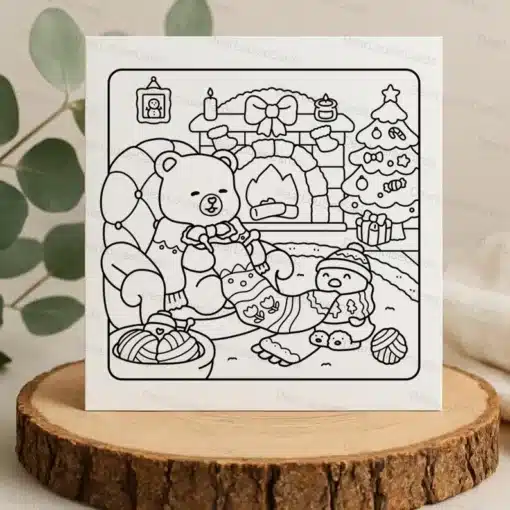 Cosy Bear Fireplace Christmas DIY Colouring Card – Cute Festive Holiday Greeting