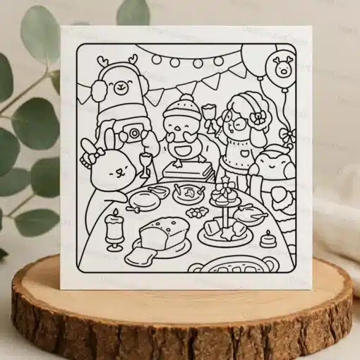 Christmas Dinner Party DIY Colouring Card – Festive Holiday Greeting