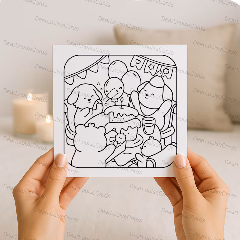 4 Animal Birthday Party DIY Colouring Card – Cute Happy Birthday Greeting