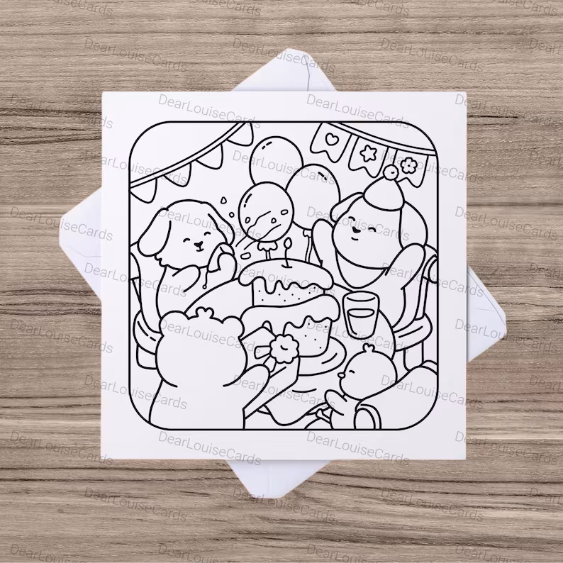 5 Animal Birthday Party DIY Colouring Card – Cute Happy Birthday Greeting