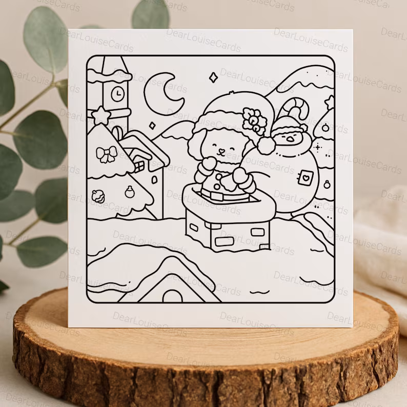 5 Santa’s Helper Rooftop Christmas DIY Colouring Card – Cute Festive Holiday Greeting