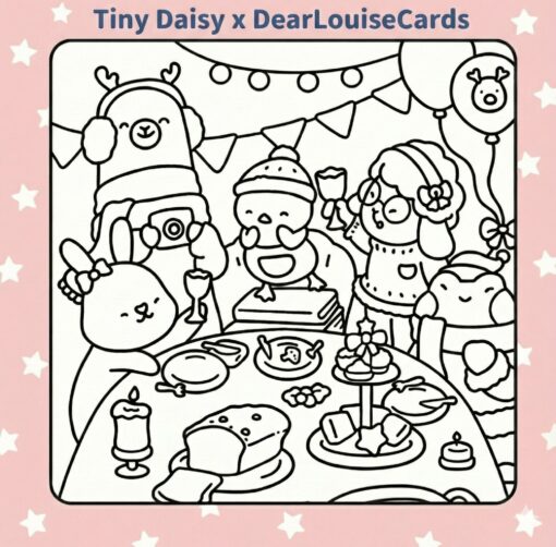 Christmas Dinner Party DIY Colouring Card 6x6 festive greeting
