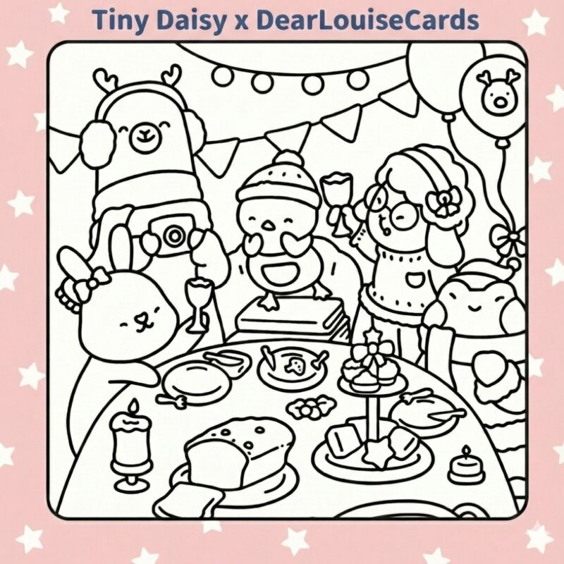 Christmas Dinner Party DIY Colouring Card 6x6 festive greeting