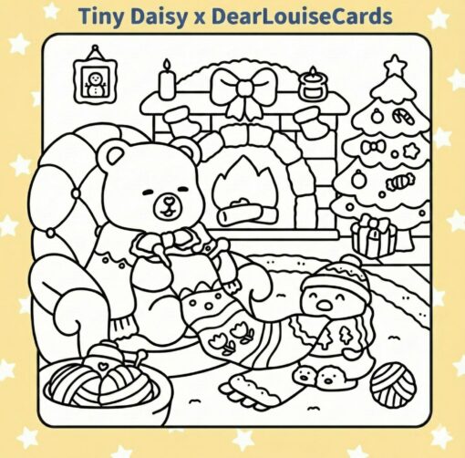 Cosy Bear Fireplace Christmas DIY Colouring Card 6x6 festive greeting