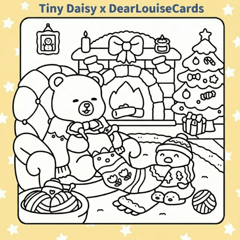 Cosy Bear Fireplace Christmas DIY Colouring Card 6x6 festive greeting