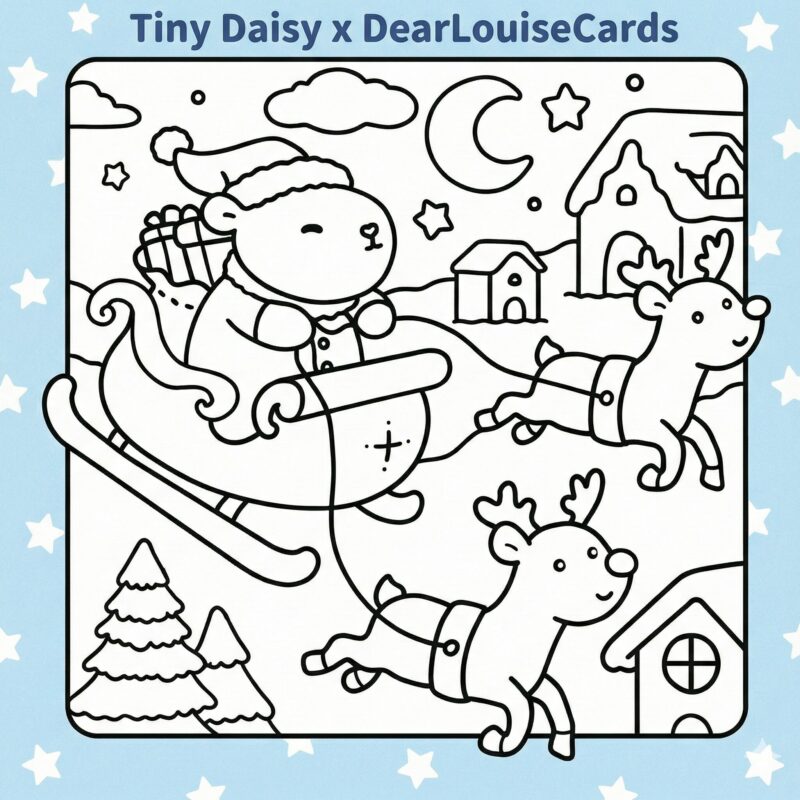 Santa Capybara Sleigh Christmas DIY Colouring Card 6x6 festive greeting